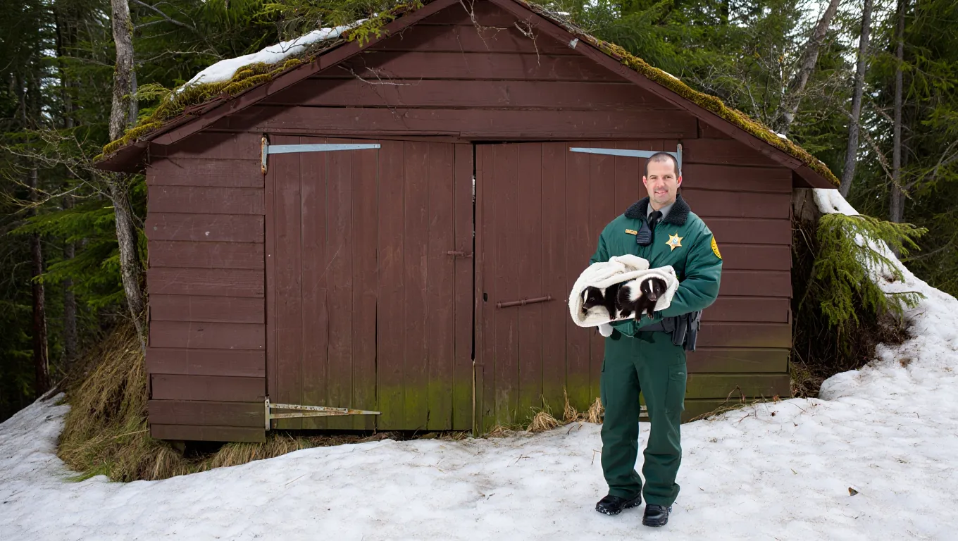 Skunks emerging from shed