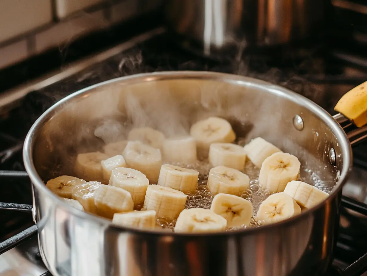 Banana slices boiling in a pot