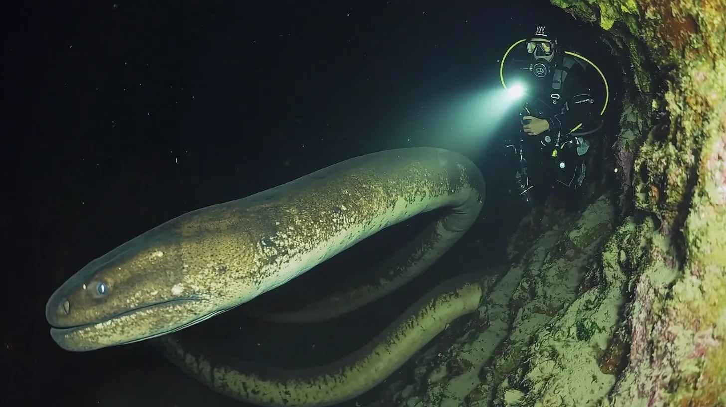 Diver Pursues Giant Eel into Its Lair After Encounter Near Sunken Vessel