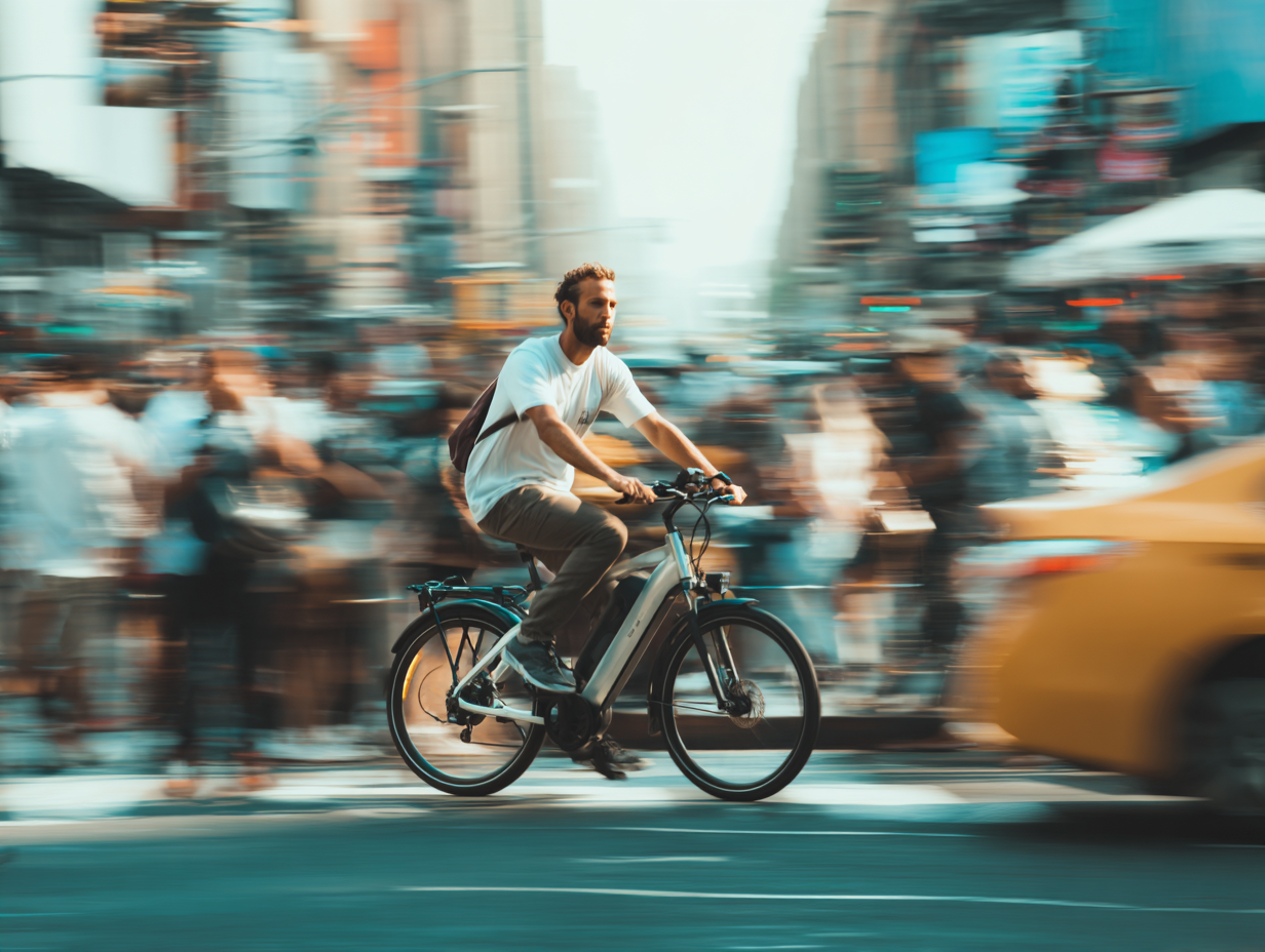 older man riding an e-bike with a smile