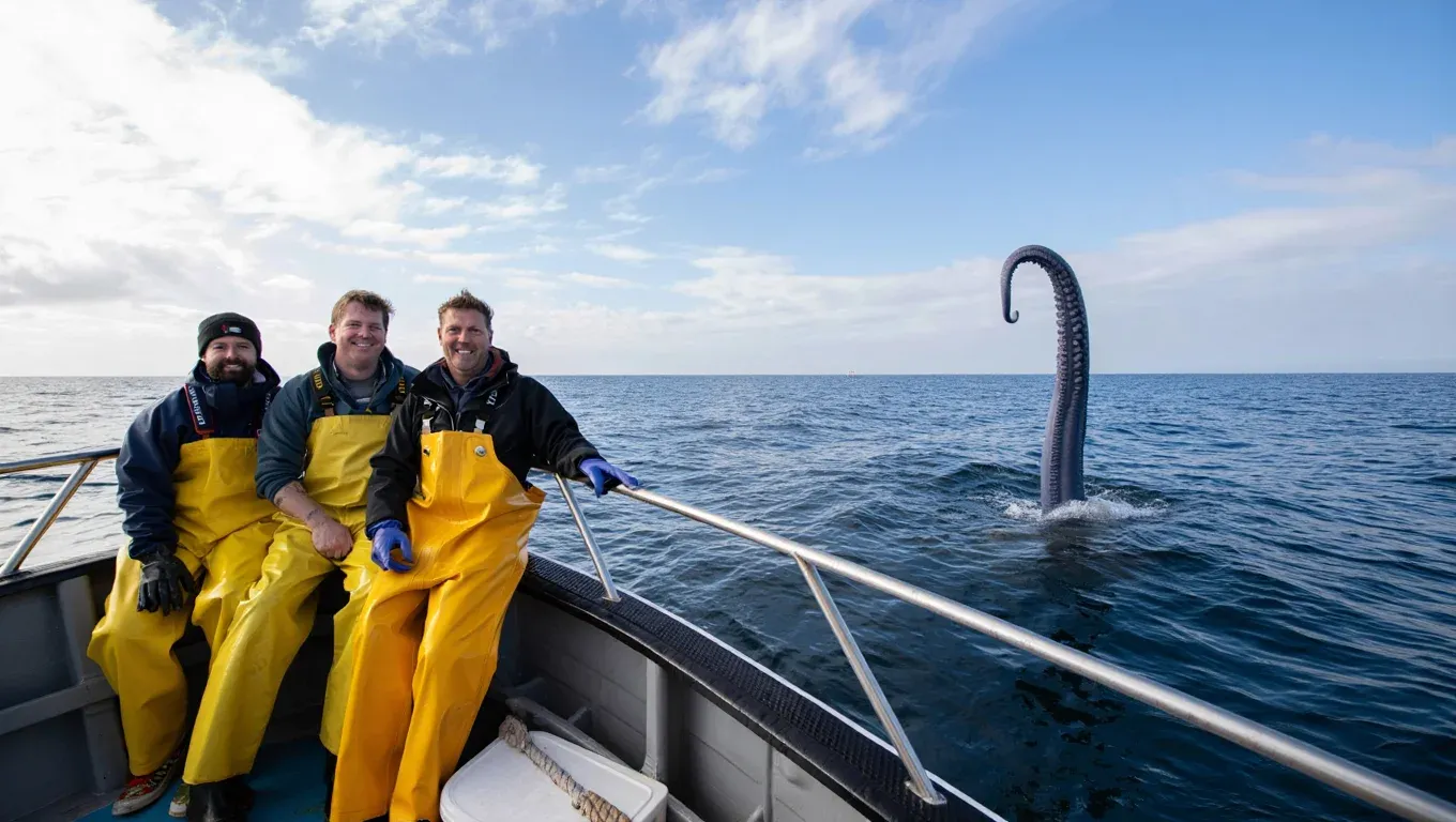 Fishermen Snap a Picture on Their Boat – The Thing Rising from the Water Behind Them Is Unbelievable