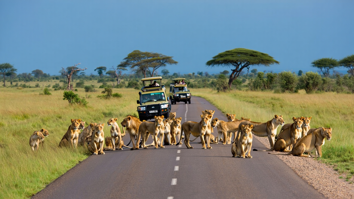 Traffic Halts as Lion Pride Guards a Mysterious Object in the Grass