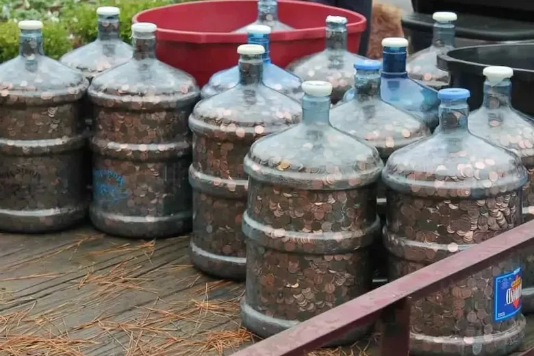 Water bottles filled with coins