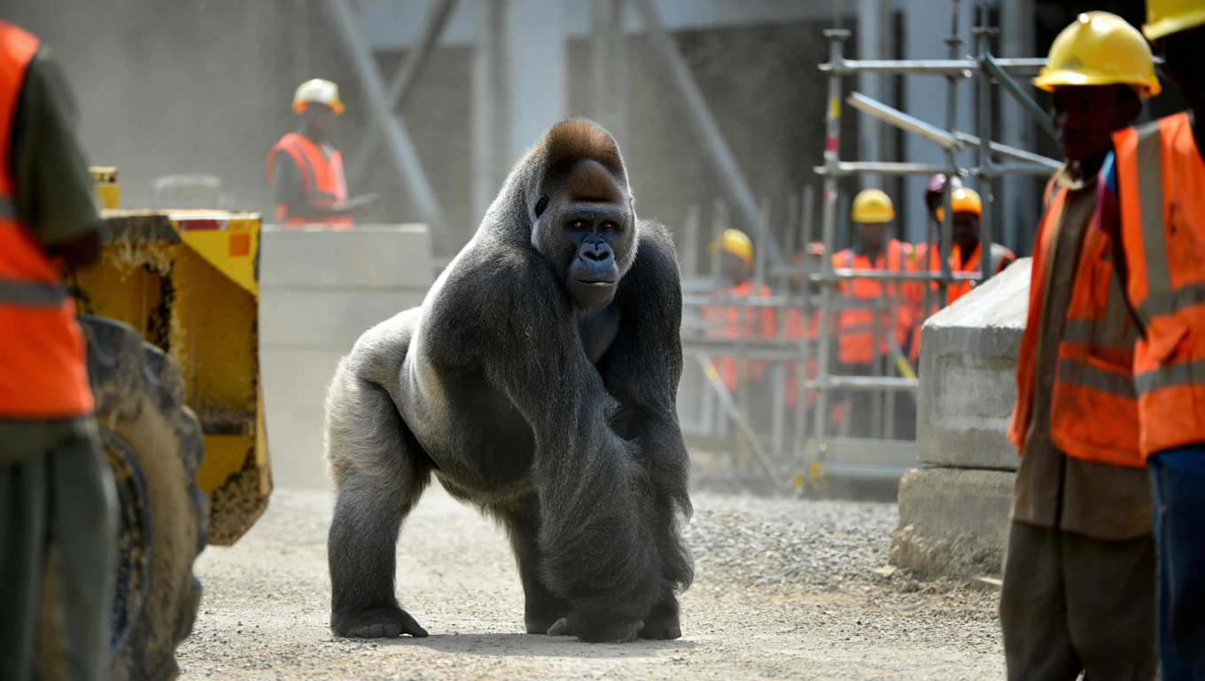 Gorilla Appears at Construction Site – What It’s Carrying Leaves Workers Frozen