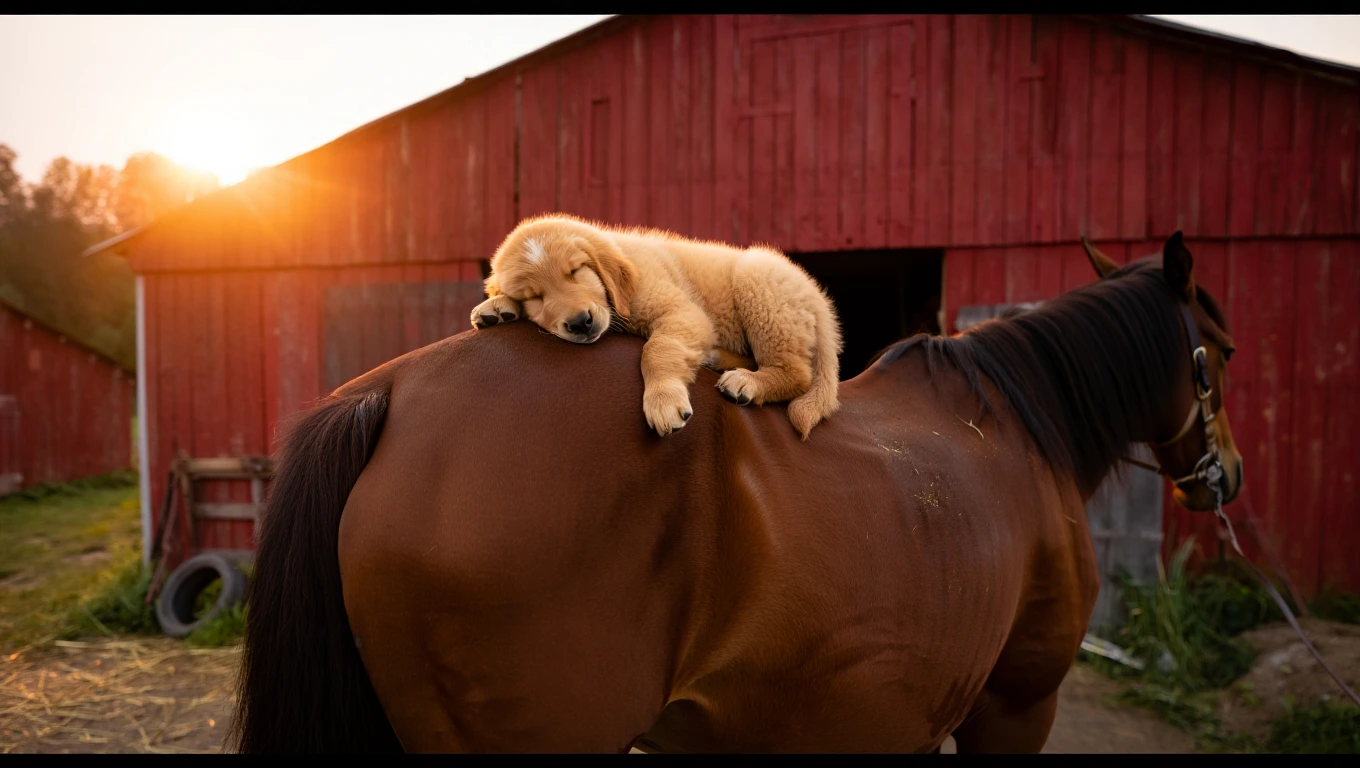 Puppy riding horse