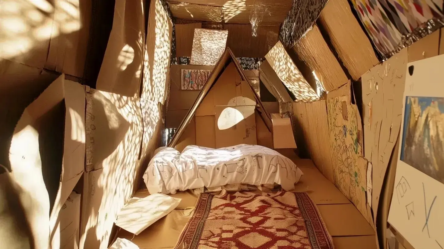 Sleeping nook inside the cardboard treehouse
